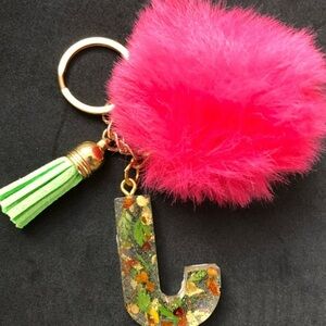 Pink Fluffy Keychain with Green Tassel